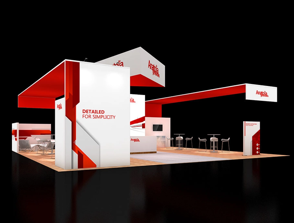 40x40 booth with open aisle and demo stations