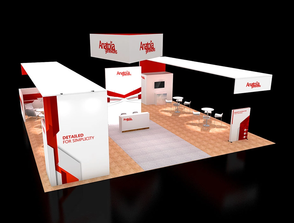 40x40 booth with open aisle and demo stations