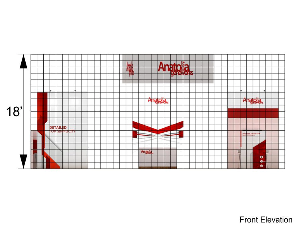 40x40 booth with open aisle and demo stations