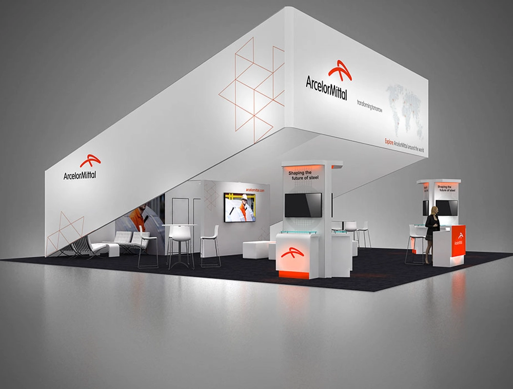 40x40 booth with dual demo counters and seating