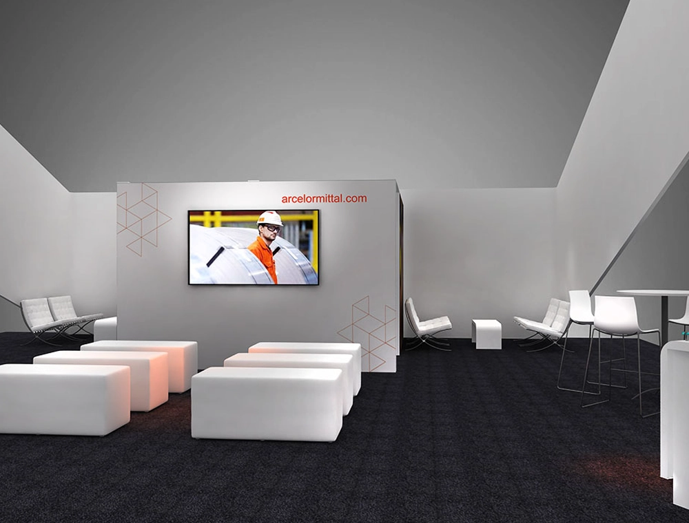 40x40 booth with dual demo counters and seating