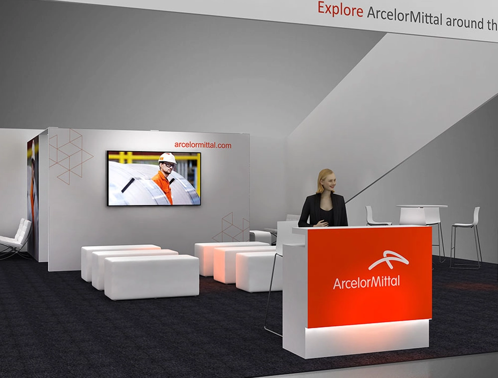 40x40 booth with dual demo counters and seating