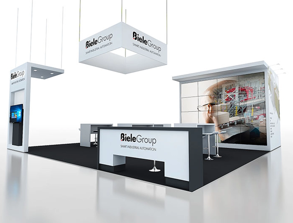 30x30 booth with open lounge and LED walls