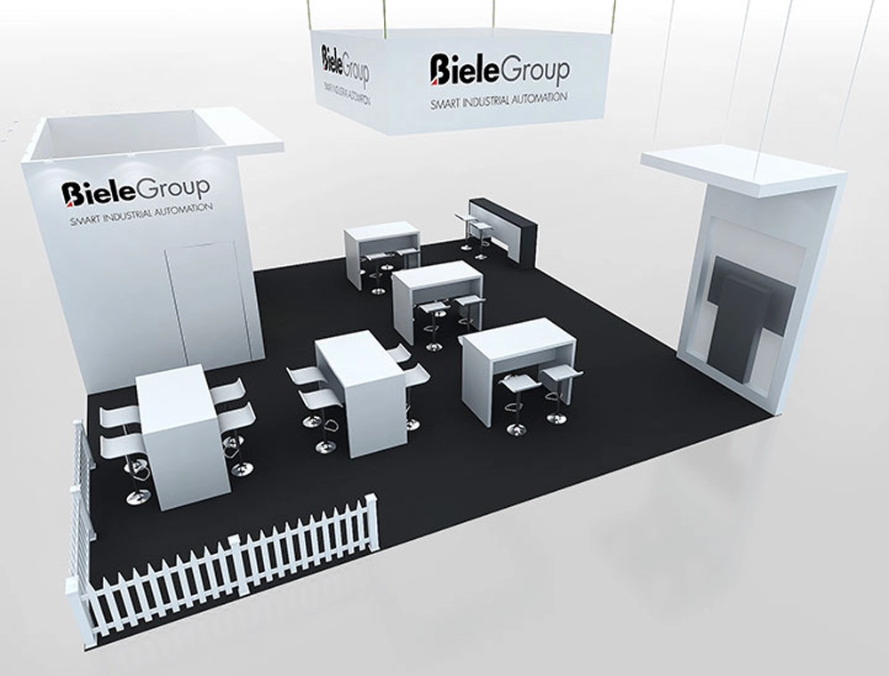 30x30 booth with open lounge and LED walls