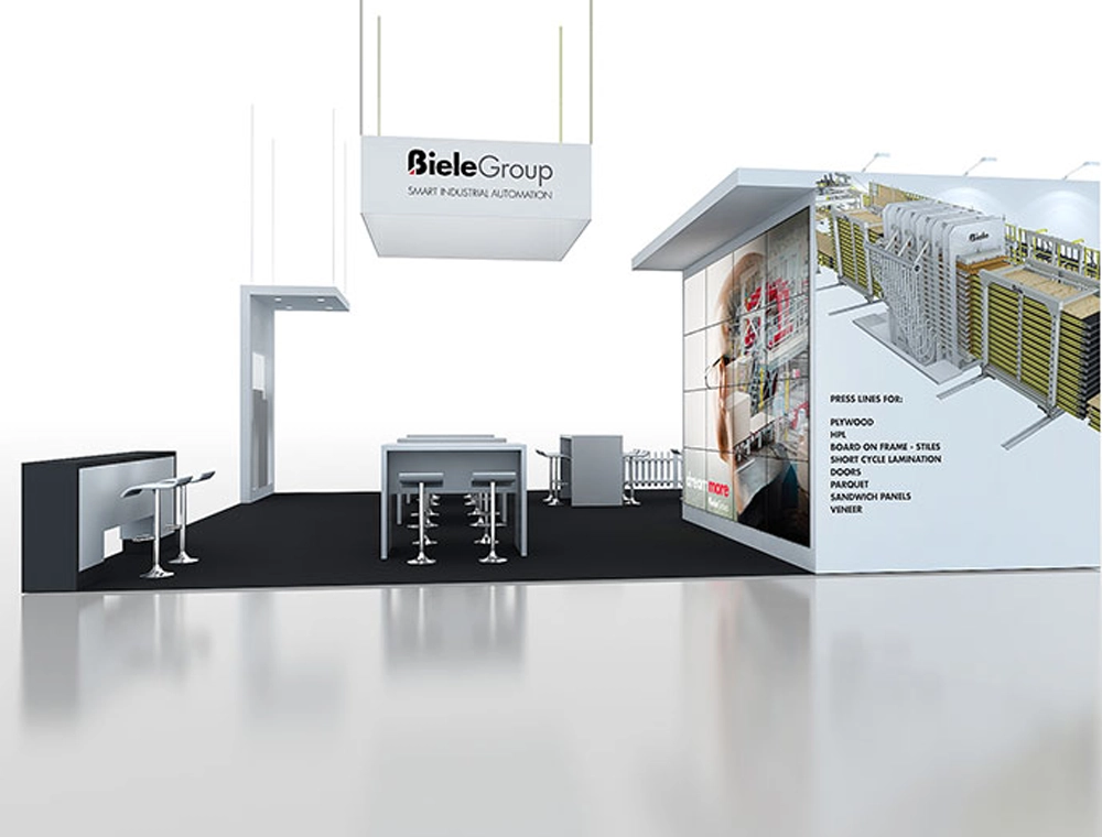 30x30 booth with open lounge and LED walls