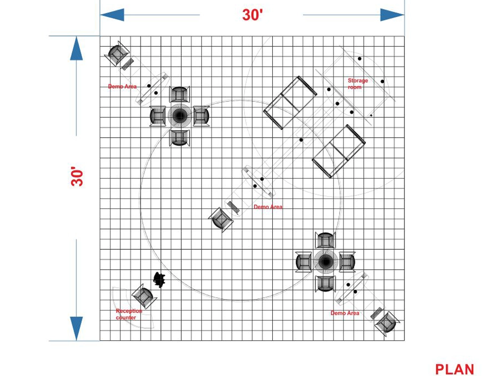 Exhibit 30x30 booth with modular reception counters