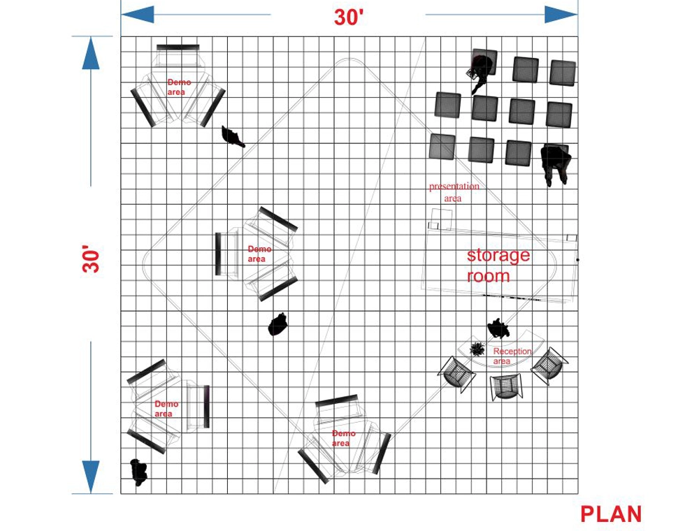 30x30 display with central demo and product towers