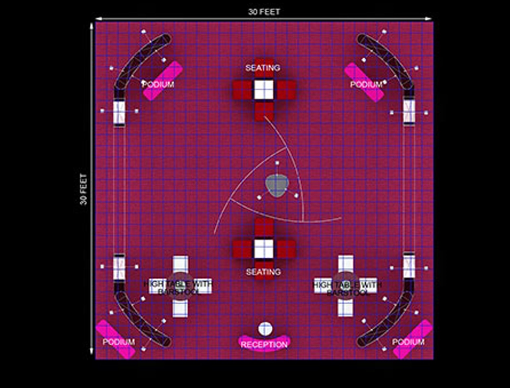 Exhibit booth 30x30 with open product display walls