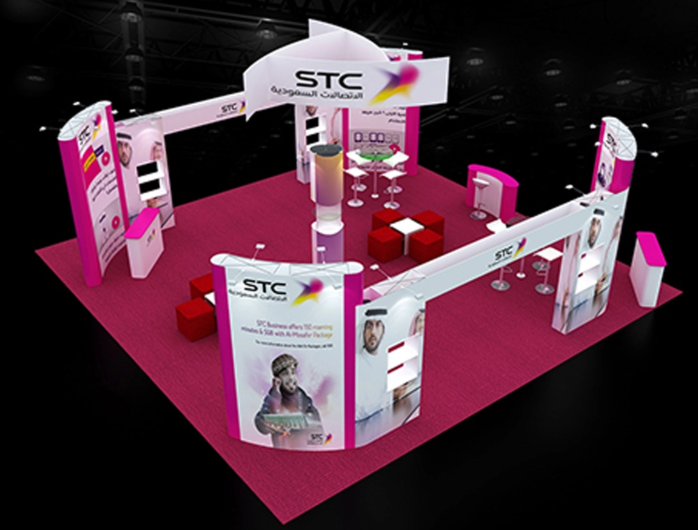 Exhibit booth 30x30 with open product display walls