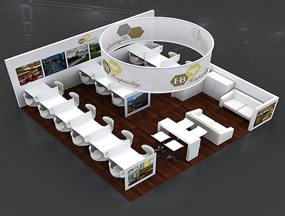 Exhibit booth 30x30 with LED signage and counters