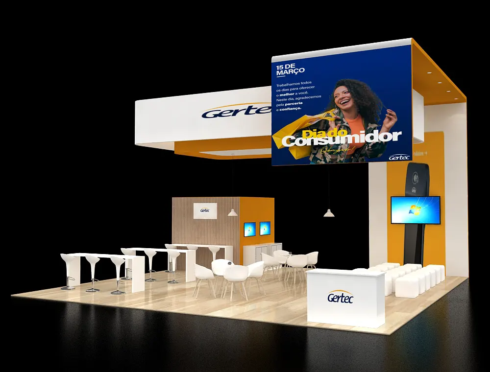 30x30 booth design with central LED product tower