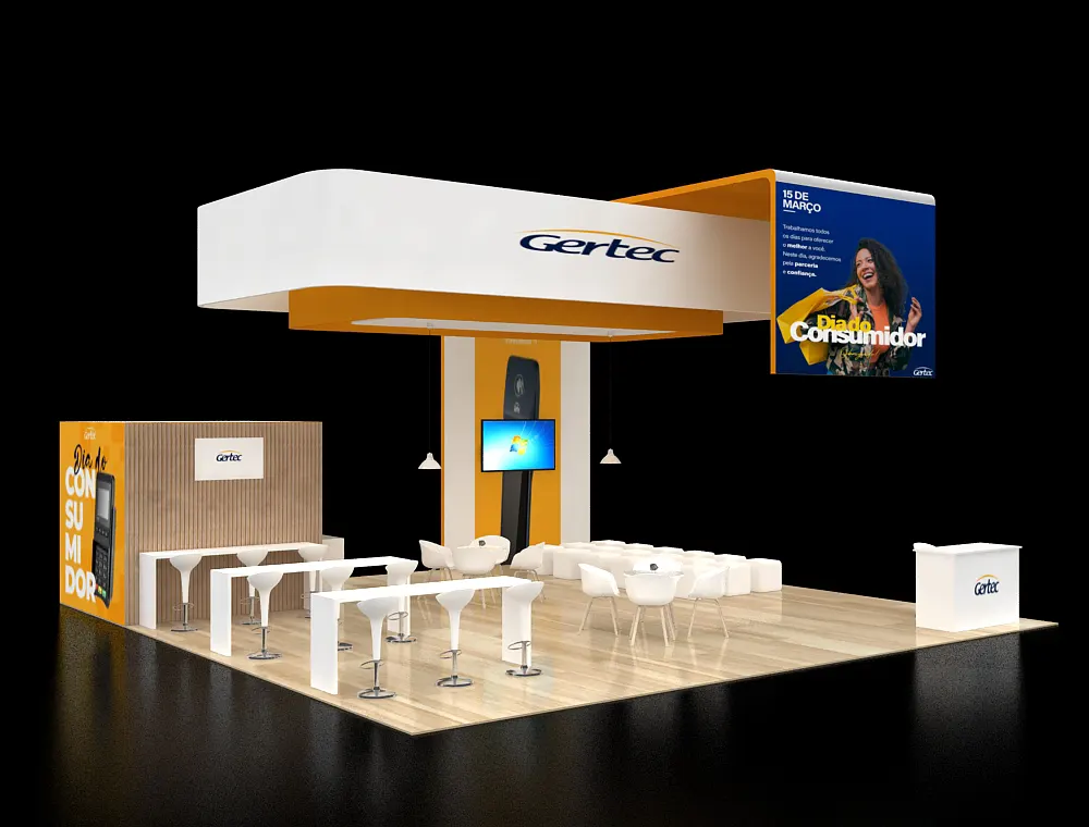 30x30 booth design with central LED product tower