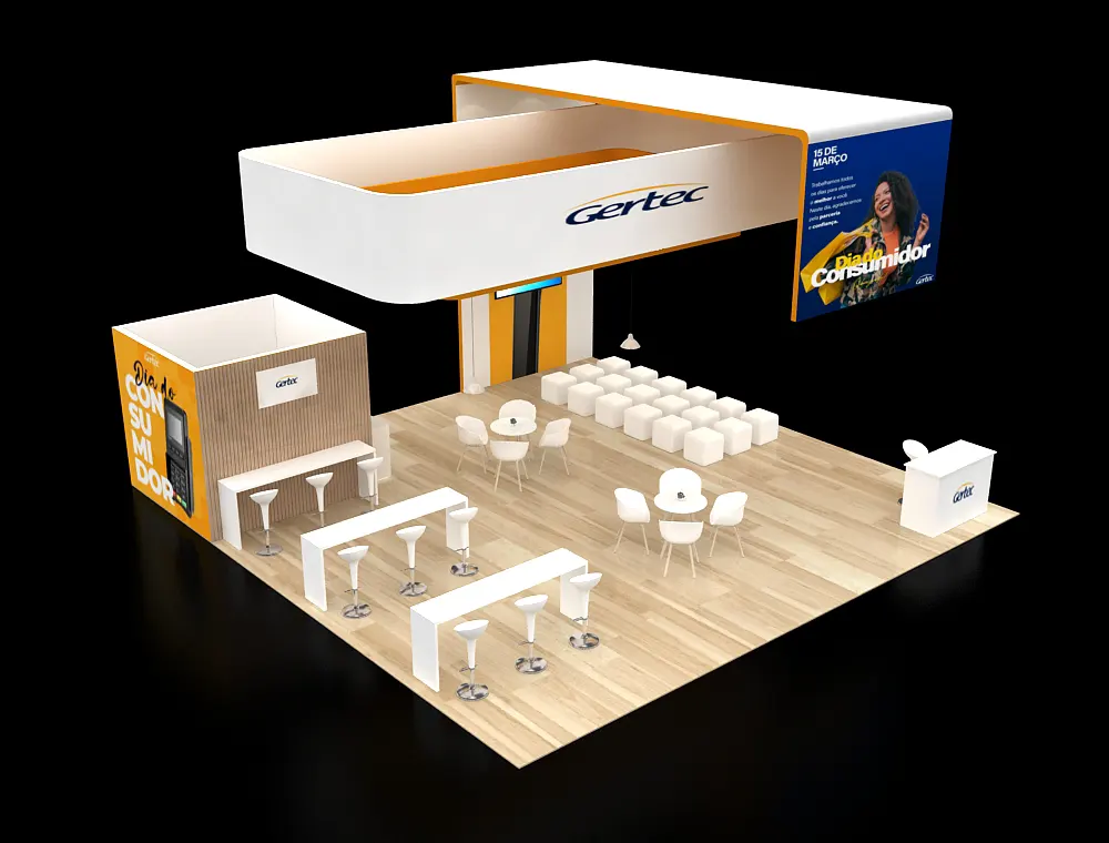 30x30 booth design with central LED product tower