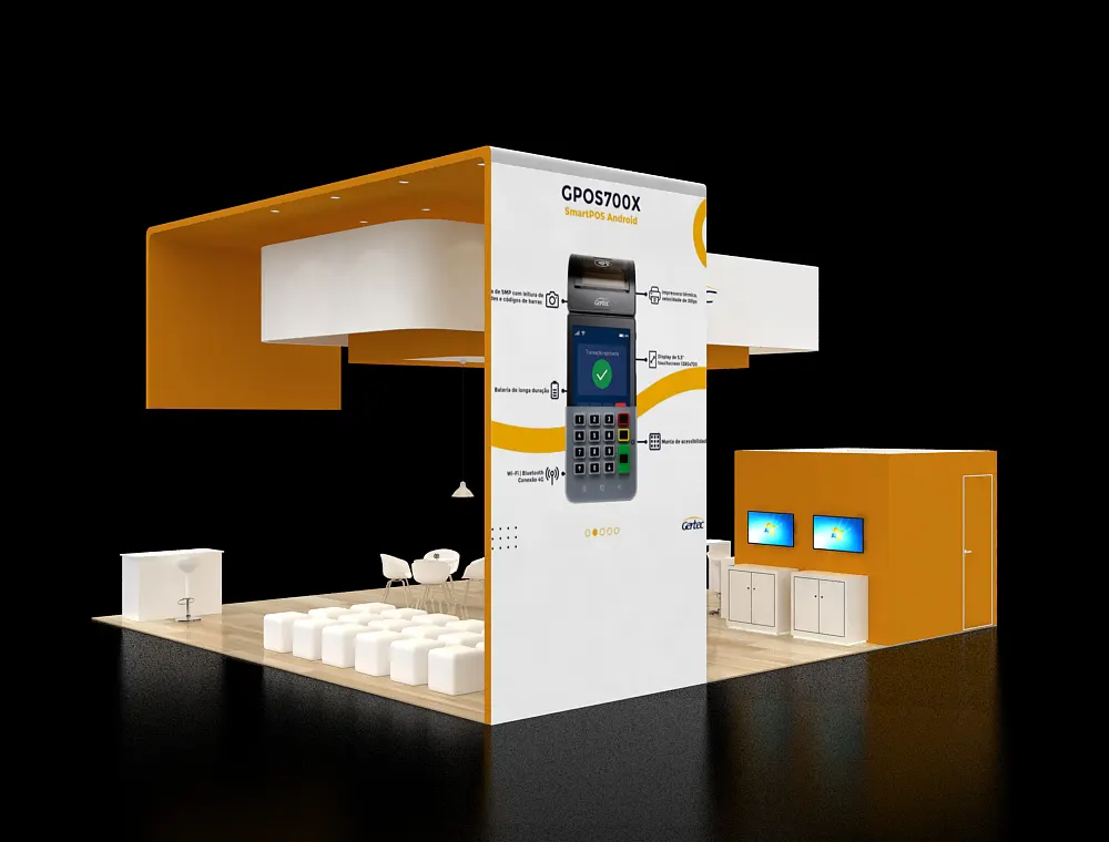 30x30 booth design with central LED product tower
