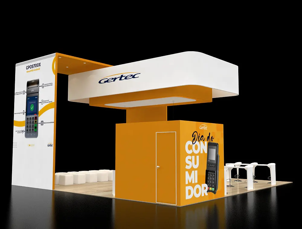 30x30 booth design with central LED product tower