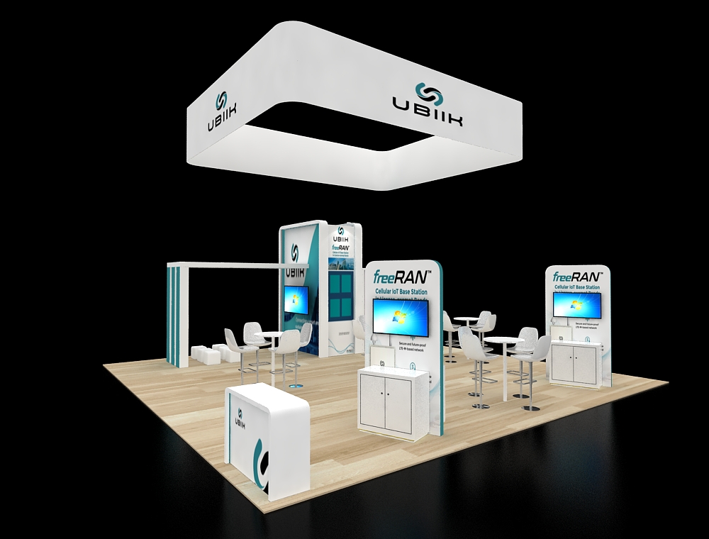 30x30 booth with corner lounge and demo stations