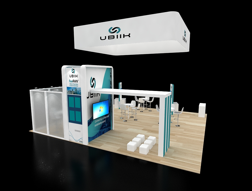 30x30 booth with corner lounge and demo stations