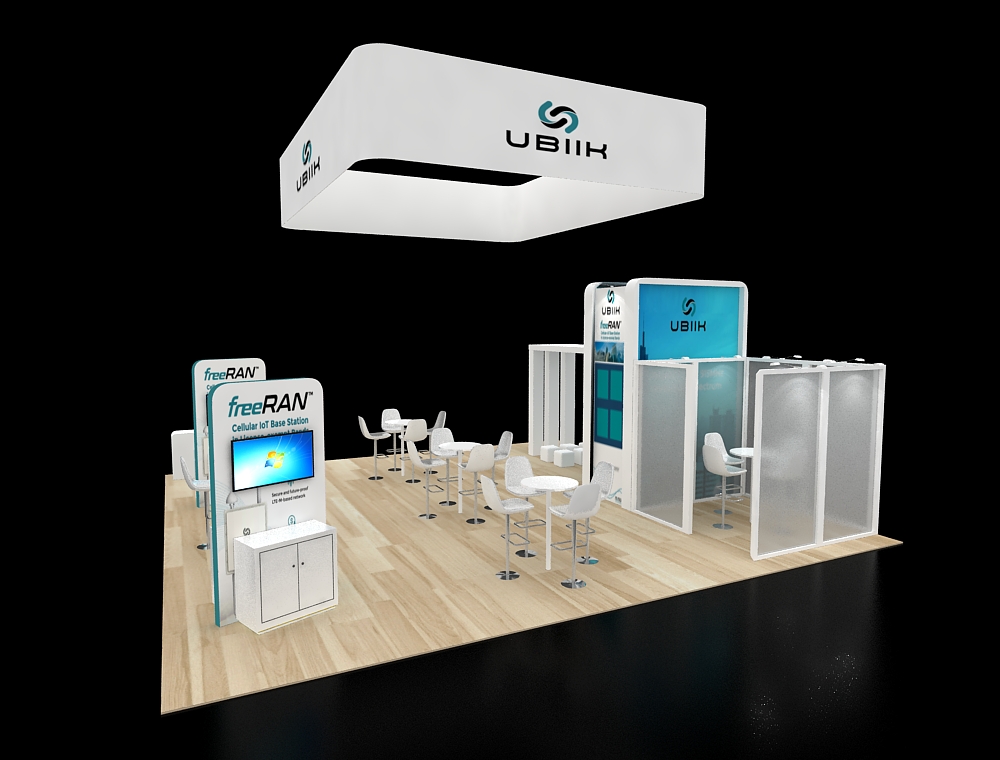 30x30 booth with corner lounge and demo stations