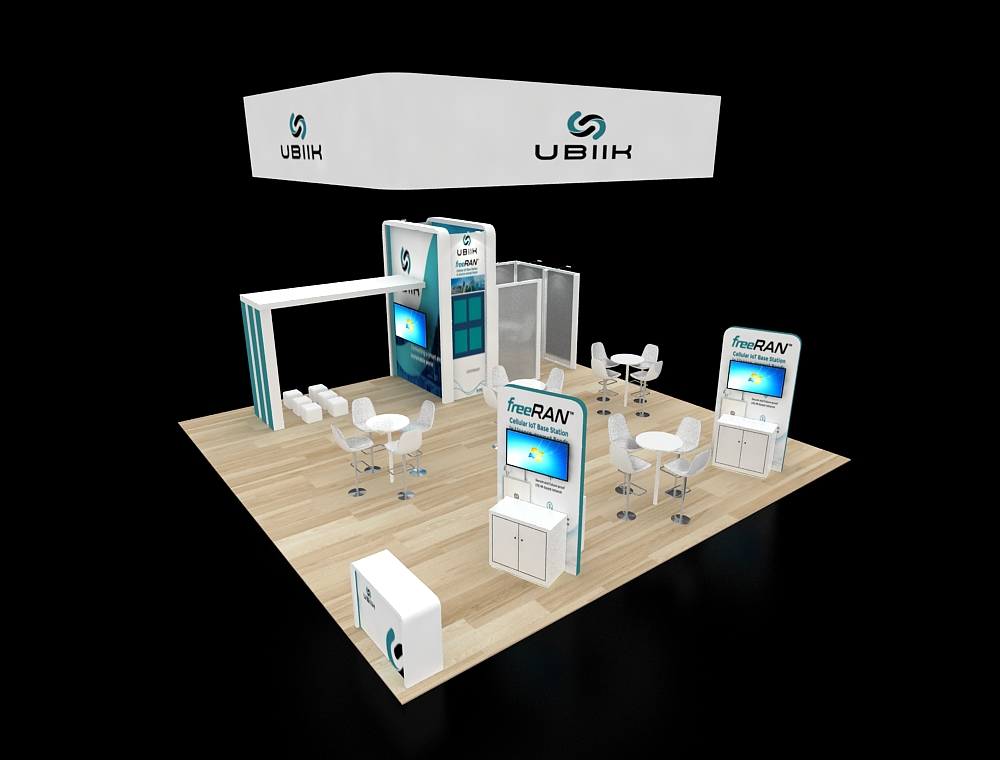 30x30 booth with corner lounge and demo stations