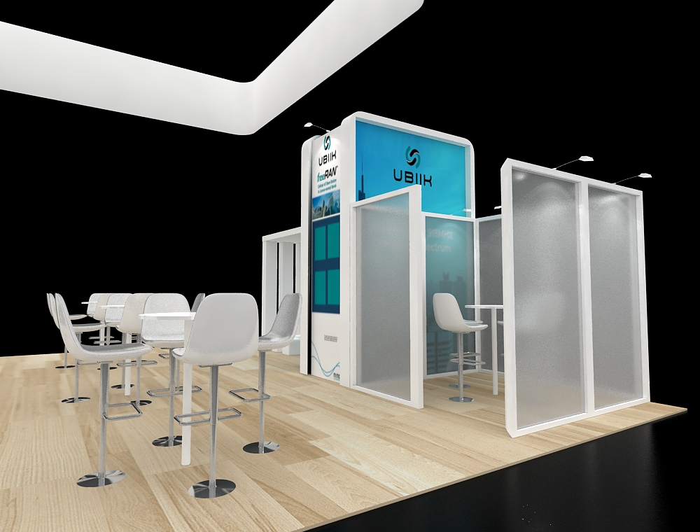 30x30 booth with corner lounge and demo stations