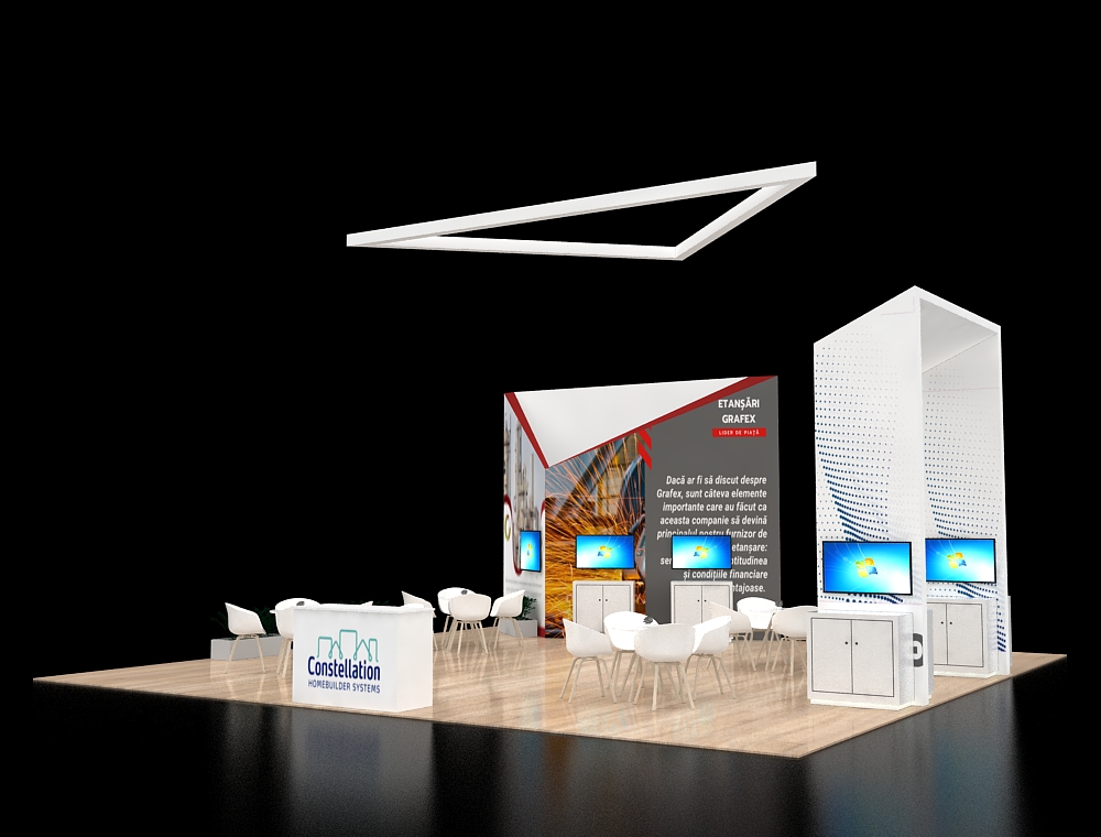 30x30 booth with dual demo counters and signage