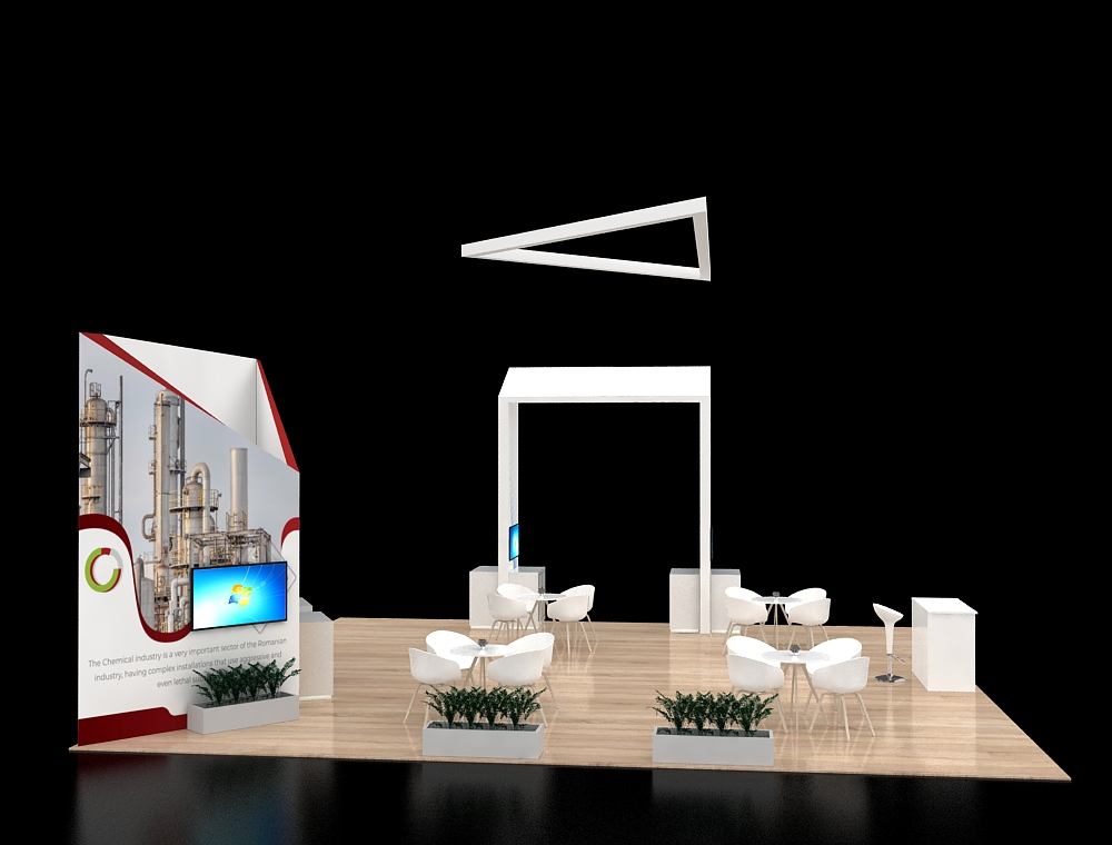 30x30 booth with dual demo counters and signage