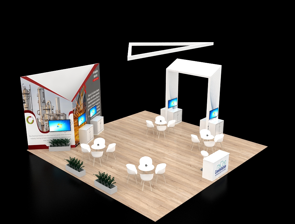 30x30 booth with dual demo counters and signage