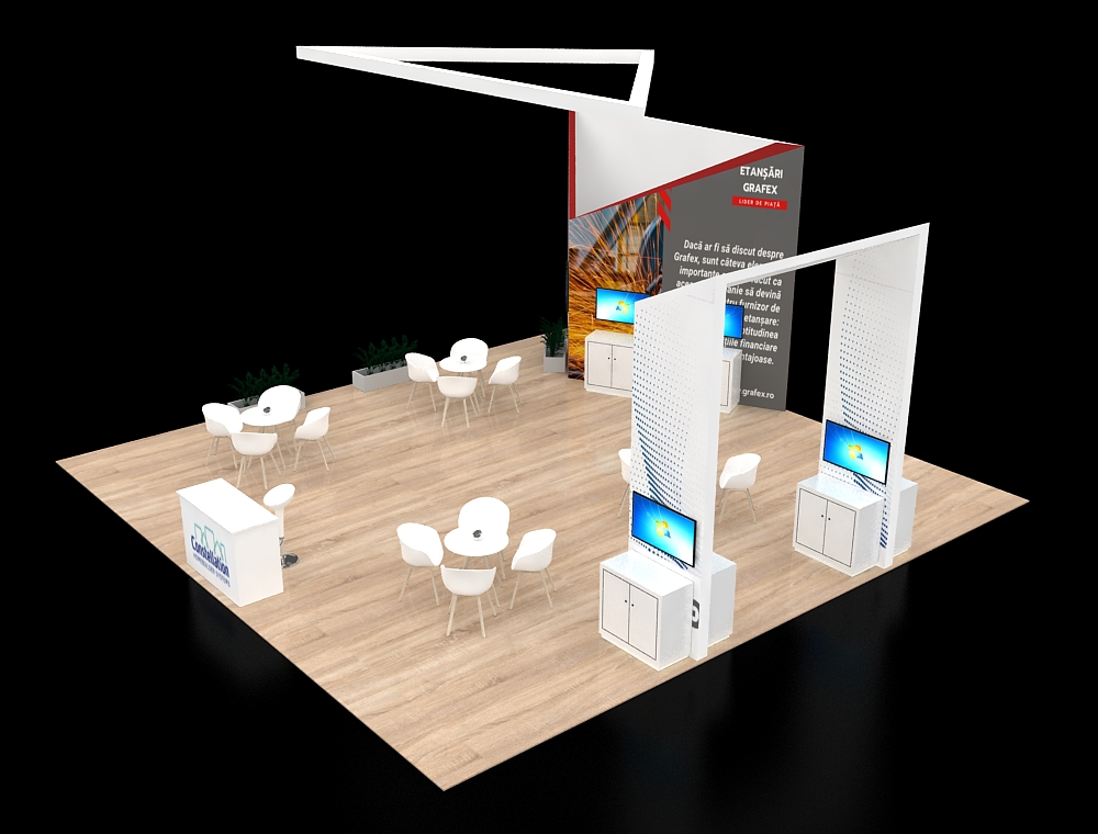 30x30 booth with dual demo counters and signage