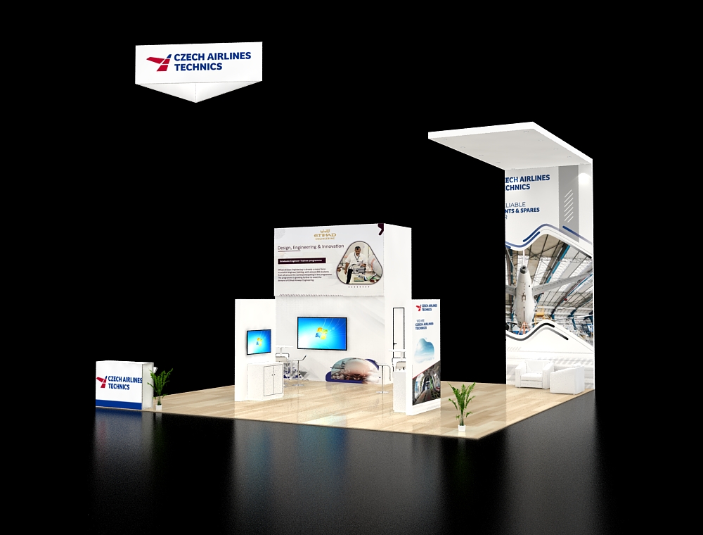 30x30 exhibit booth with tall LED towers