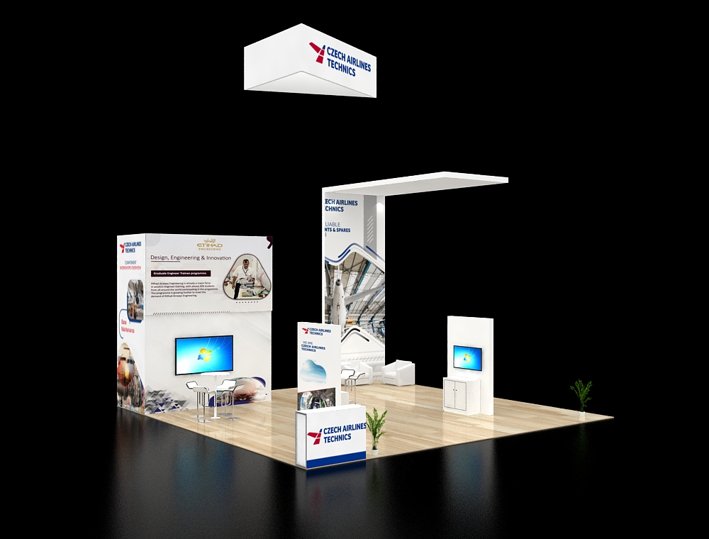 30x30 exhibit booth with tall LED towers