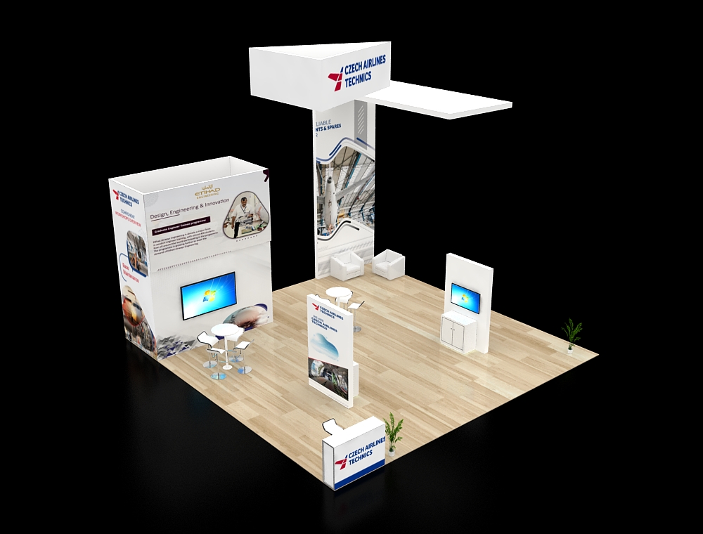 30x30 exhibit booth with tall LED towers