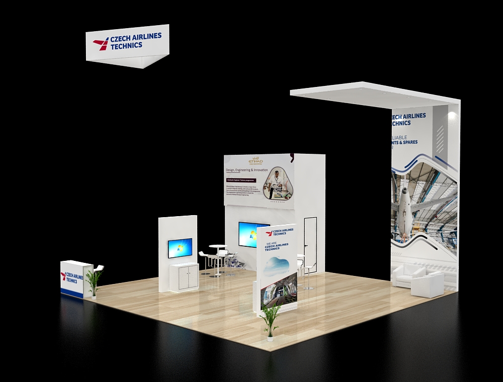 30x30 exhibit booth with tall LED towers