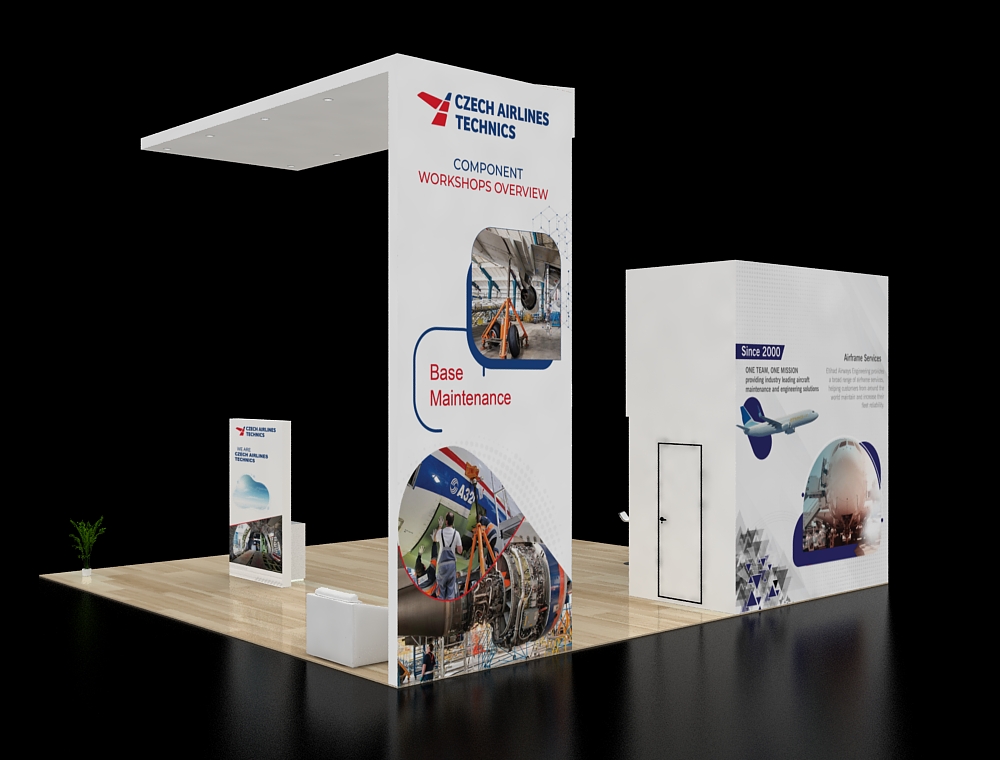 30x30 exhibit booth with tall LED towers