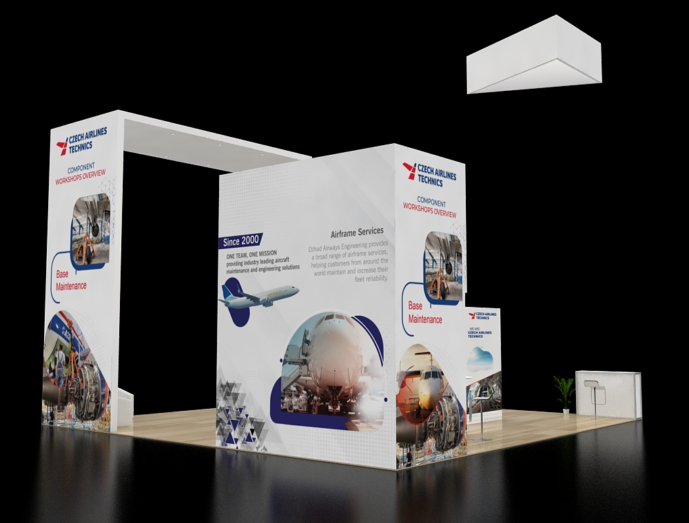 30x30 exhibit booth with tall LED towers