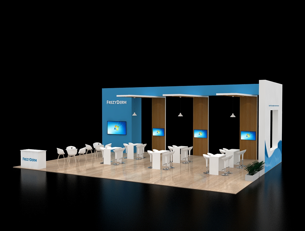 Booth design with product display and graphics