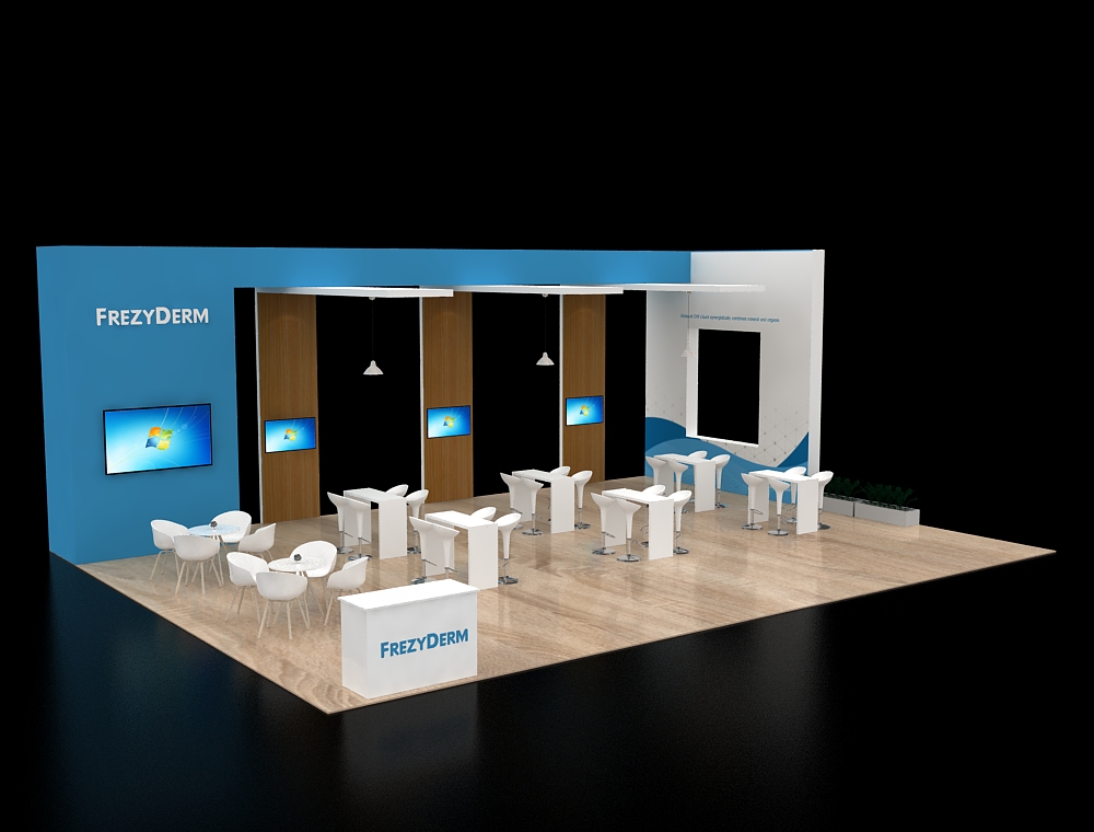Booth design with product display and graphics