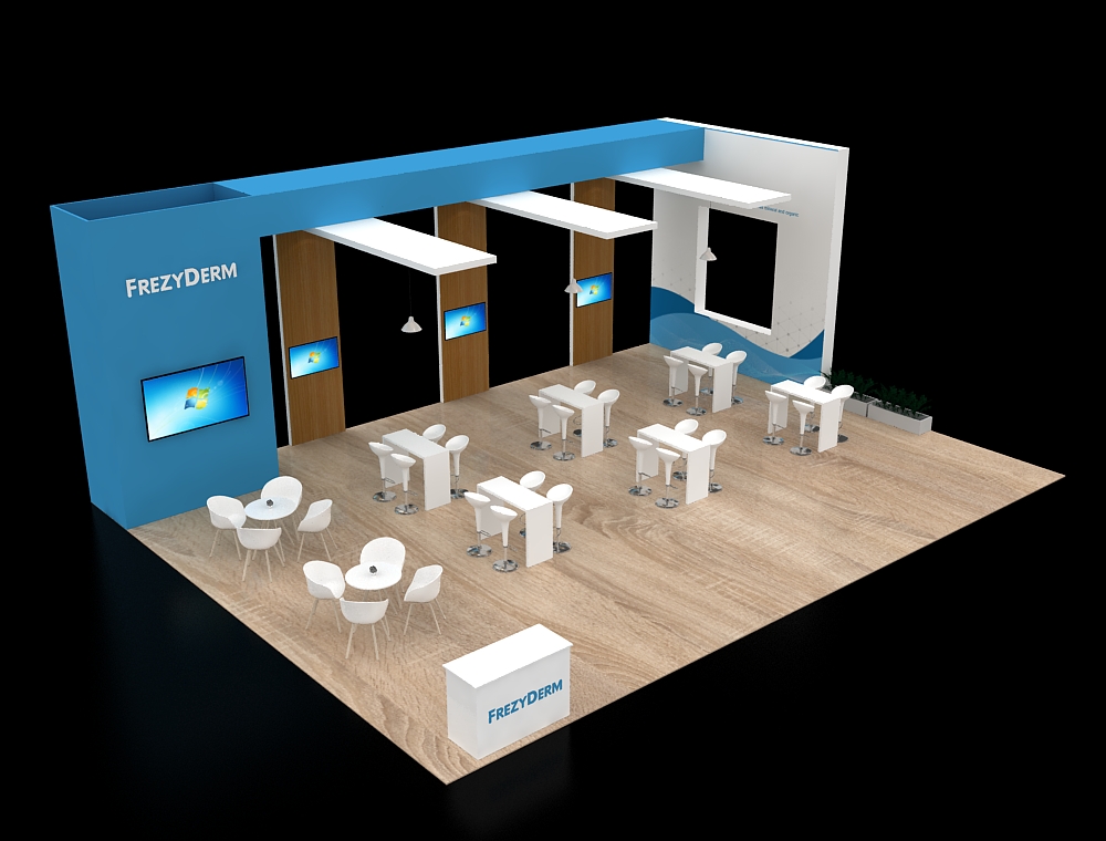 Booth design with product display and graphics