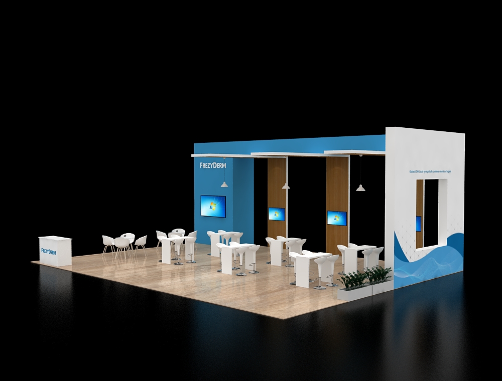 Booth design with product display and graphics