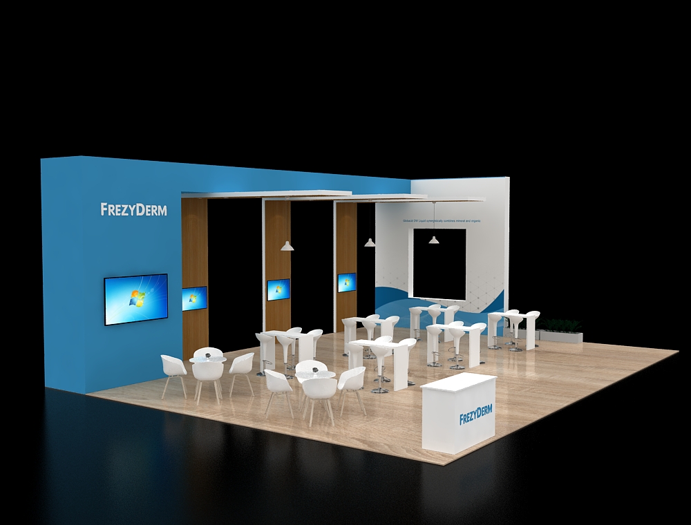 Booth design with product display and graphics