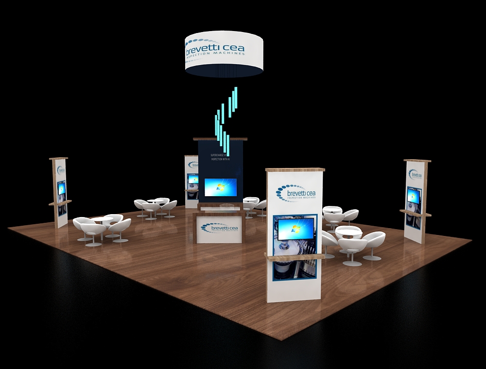 Trade show booth with lounge and reception area