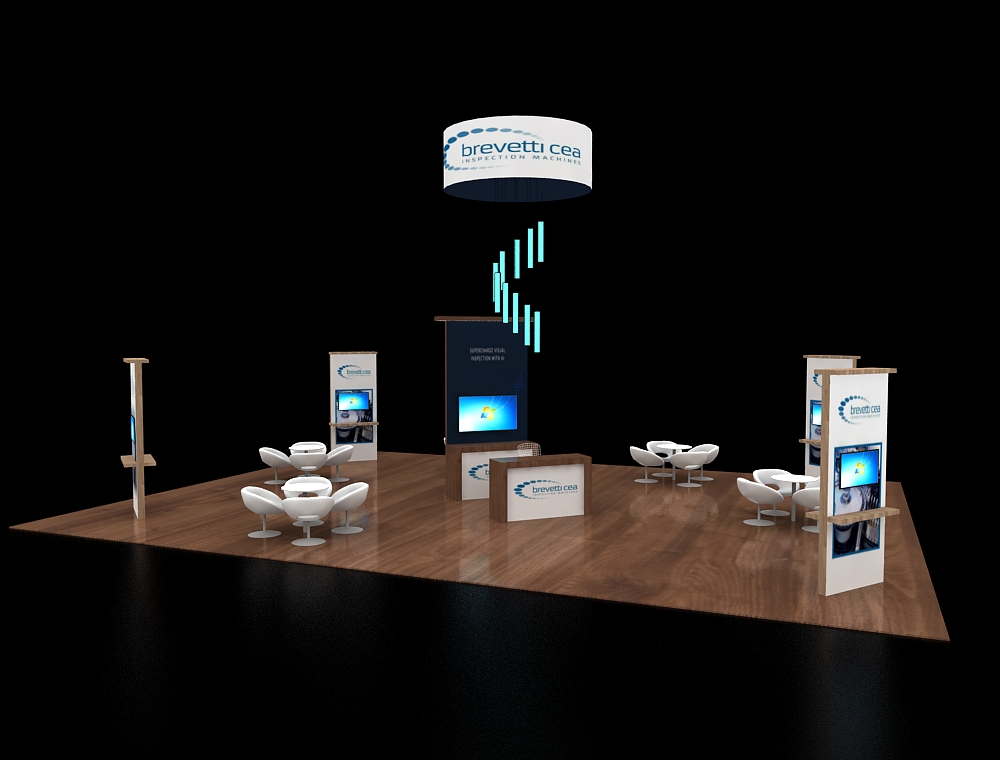 Trade show booth with lounge and reception area