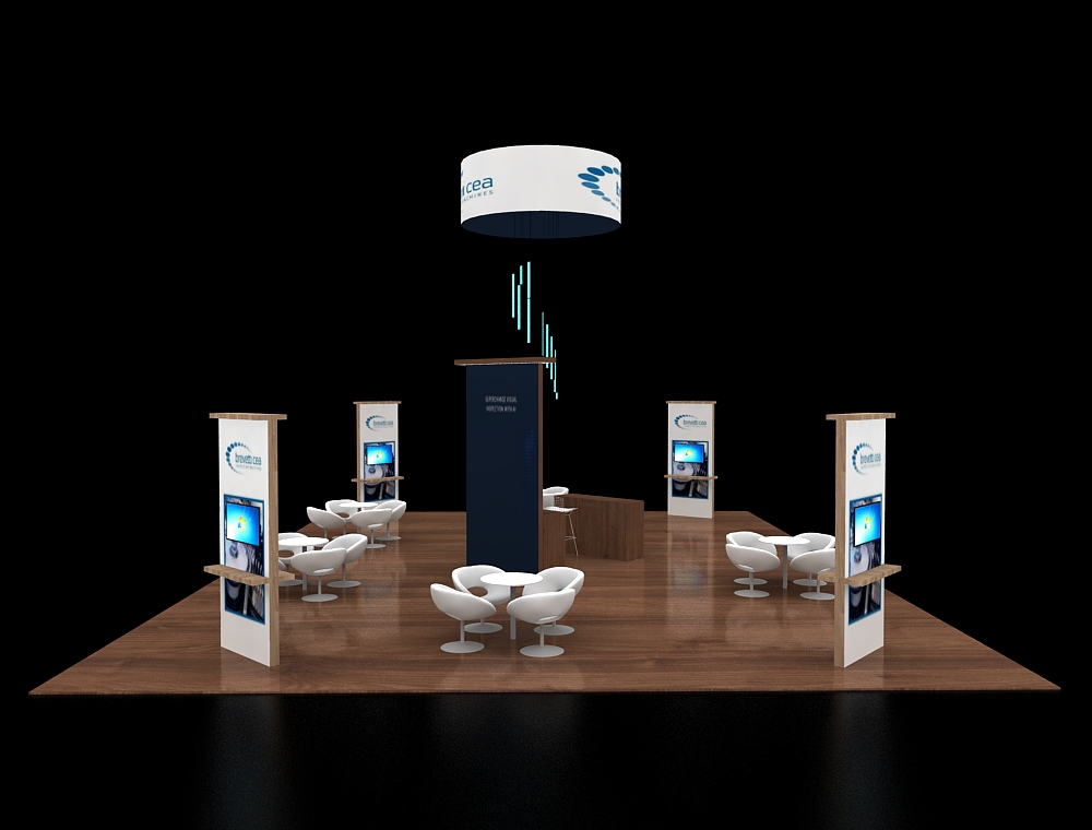 Trade show booth with lounge and reception area