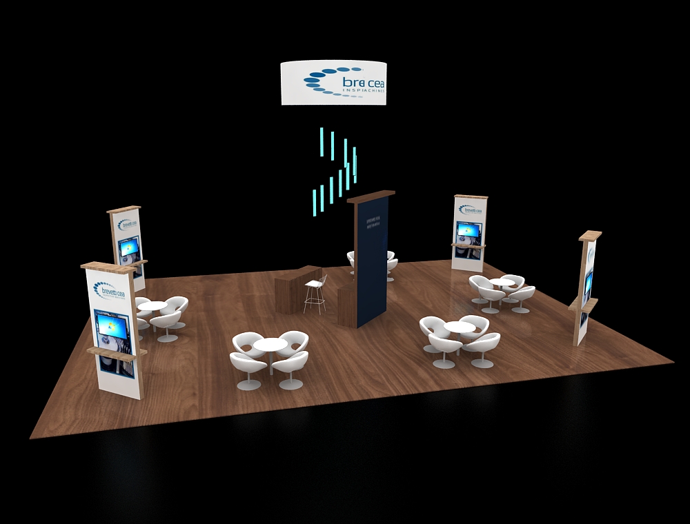 Trade show booth with lounge and reception area