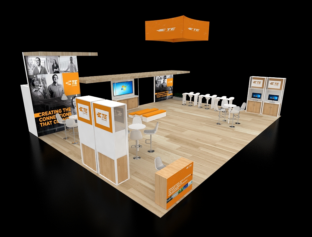 Booth design with counters and large graphics