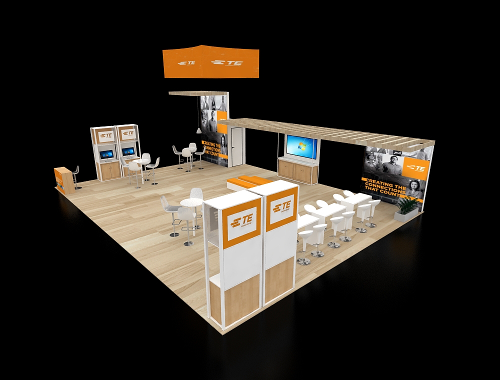 Booth design with counters and large graphics