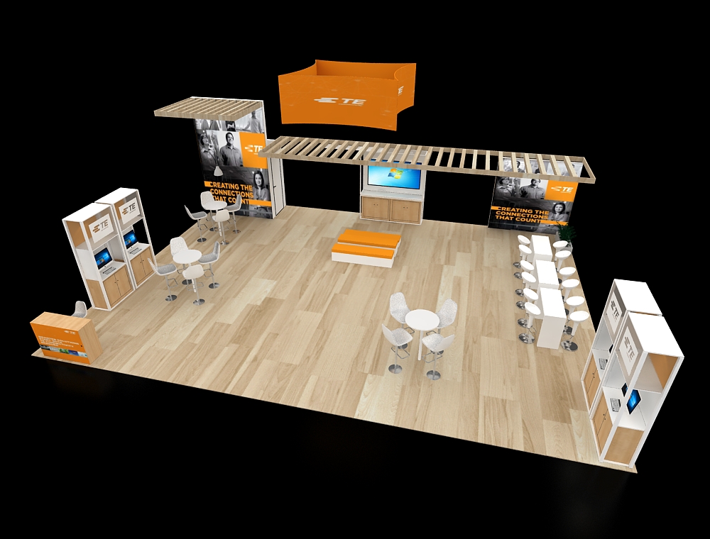 Booth design with counters and large graphics