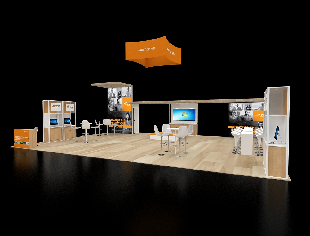 Booth design with counters and large graphics