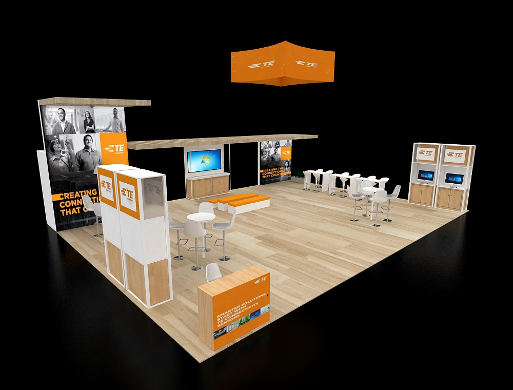 Booth design with counters and large graphics