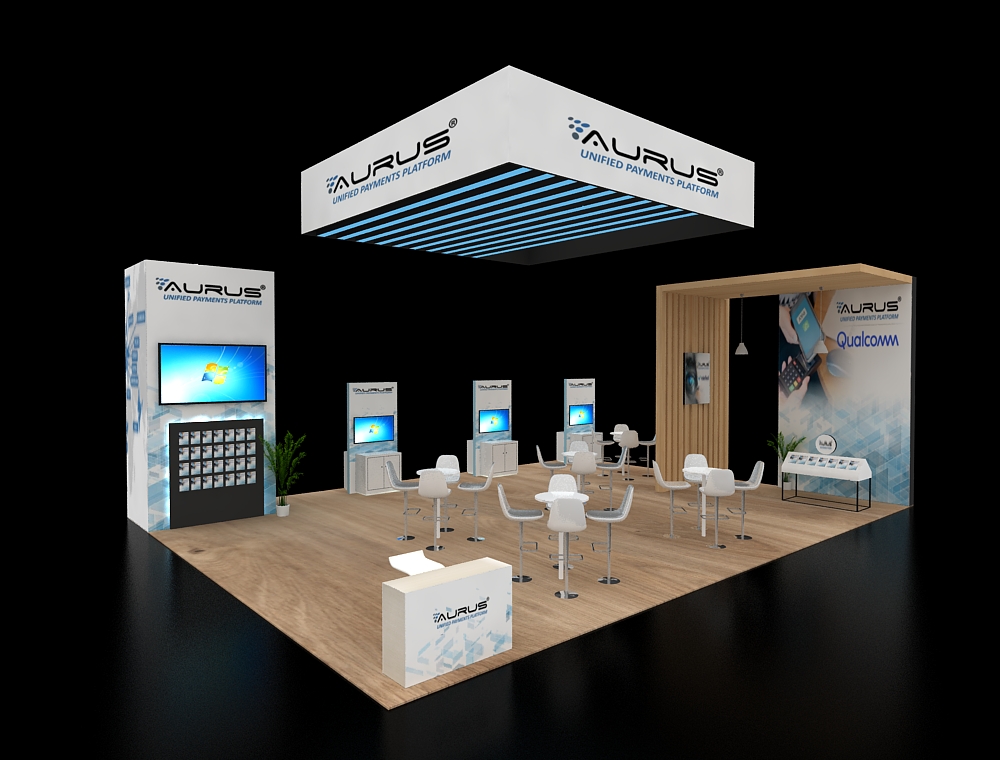 Modern booth with LED displays and seating