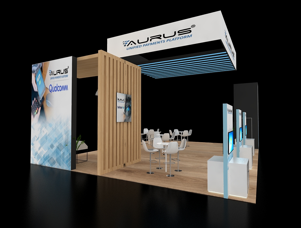 Modern booth with LED displays and seating